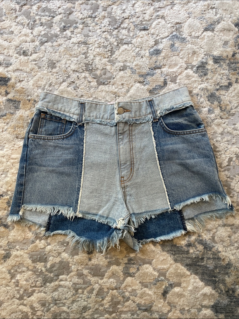 REVICE Two-Tone Patchwork Denim Jean Shorts - Light & Dark Blue
